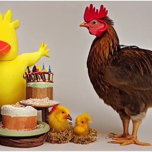 Image similar to a light yellowish downed baby chick is standing beside a rooster and a tiny birthday cake