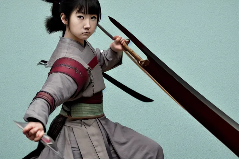 Image similar to beautiful photo of a young female samurai, practising sword stances, symmetrical face, beautiful eyes, realistic anime art style, large oversized anime style sword, highly detailed, 8 k, award winning photo, muted pastels, action photography, 1 / 1 2 5 shutter speed, dramatic lighting