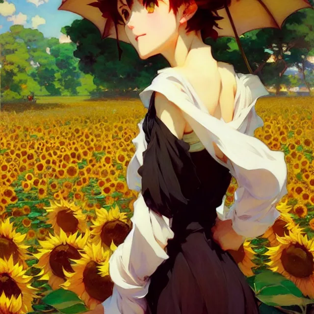 Image similar to beautiful sunflower anime girl, krenz cushart, mucha, ghibli, by joaquin sorolla rhads leyendecker, by ohara koson