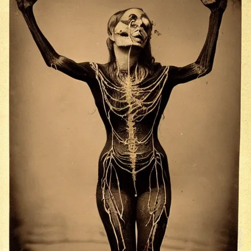 Image similar to 1860 photo of an old freak show body spider-woman, on the middle of a forest, spooky , veins, arteries, intricate, golden ratio, full frame, elegant, highly detailed, ornate, ornament, sculpture, elegant , luxury, beautifully lit, ray trace, 3d, PBR