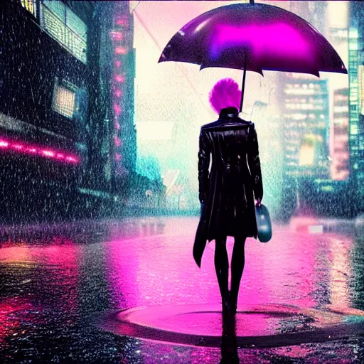 Image similar to ciberpunk city of the future, blade runner style, octane render, digital art, rain, beautiful girl with umbrella wearing a clear raincoat , pink hair, cinematic, 8k, very intricate, 80's, night time,