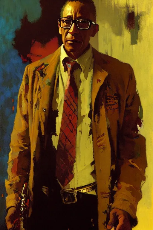 Image similar to gus fring, painting by'phil hale '!!! gaston bussiere, craig mullins, greg rutkowski, alphonse mucha