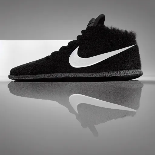 Image similar to nike shoe made of very organic structure fluffy black and white faux fur placed on reflective surface, professional advertising, overhead lighting, heavy detail, realistic by nate vanhook, mark miner