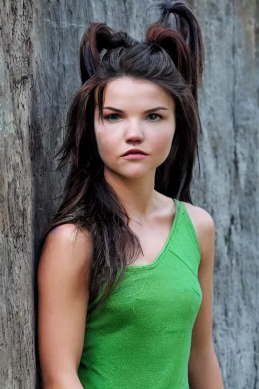 Image similar to fantasy character photo. facial expression of manic obsessive love. danielle campbell. black hair in ponytail. bright blue eyes tall, lanky, athletic, wiry. sleeveless lightgreen dress, brown trim. gleefully telling a bs story full of lies