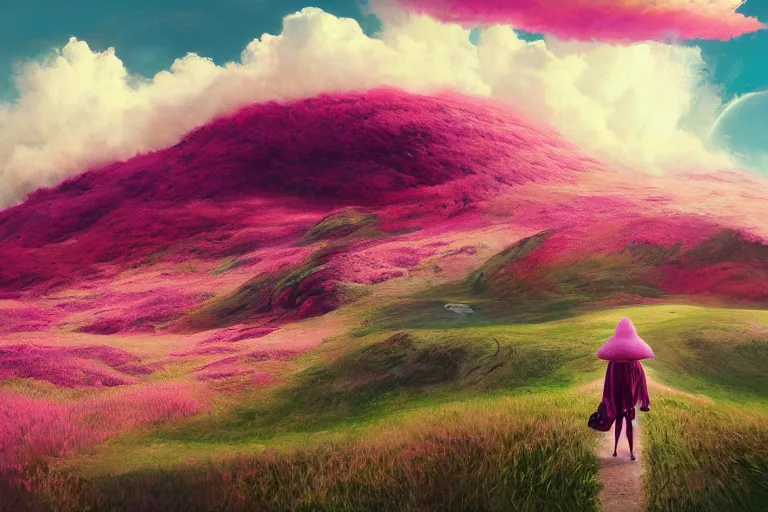 Image similar to giant dahlia flower under head, girl walking on mountain, surreal photography, pink storm clouds, dramatic light, impressionist painting, digital painting, artstation, simon stalenhag