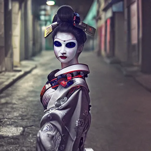 Image similar to a hyper realistic stunningly cyborg tradition geisha photograph, covering face with a intricate sci - fi fan, in a dark street, metal gear solid, dark moody backlighting, ray tracing, octane render,