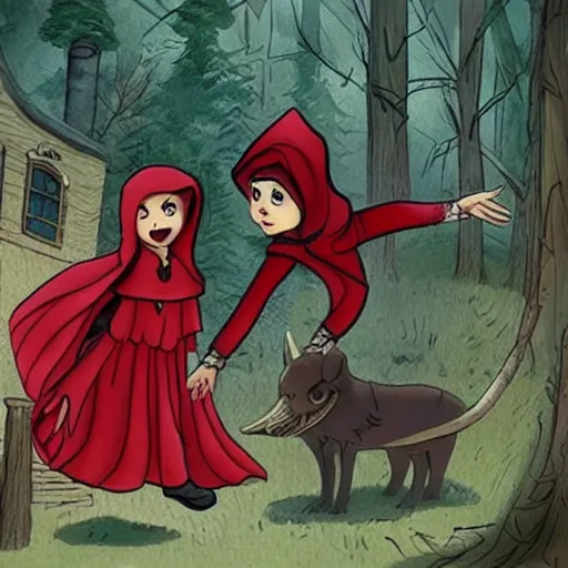 Image similar to little red riding hood and the big bad wolf team up for a heist