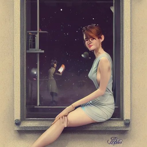 Prompt: woman sitting on a spaceship window, beautiful detailed dress, highly detailed face, smiling, by artgerm, by wlop, by greg rutkowski, octane render, digital art