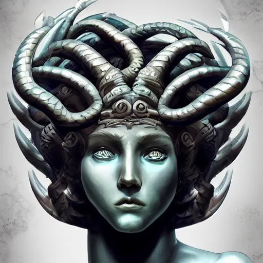 Image similar to a portrait of a torquoise fantasy armored medusa head holding a spear, medusa head, medusa head, medusa head, pillars background with ruined and statues, fantasy game art, fantasy rpg, league of legends