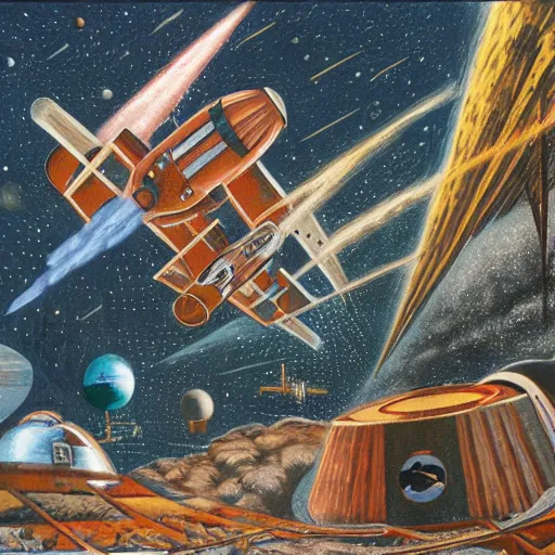 Image similar to rough texture, tempera, rockets, astronauts and space colonies, utopian, by david a. hardy, wpa, public works mural, socialist, propaganda