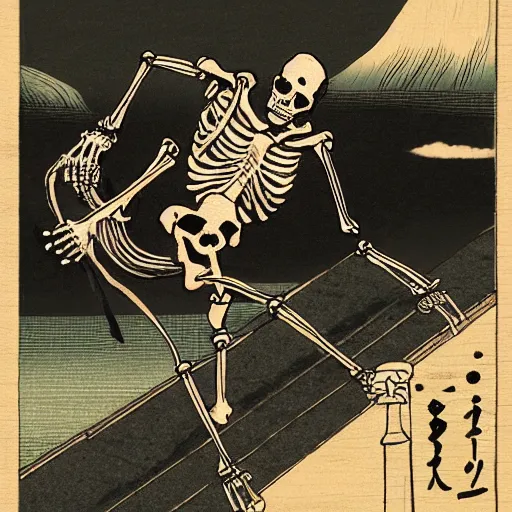 Image similar to A skeleton rides a skateboard, ukiyo-e, highly detailed, trending on artstation, 8k,