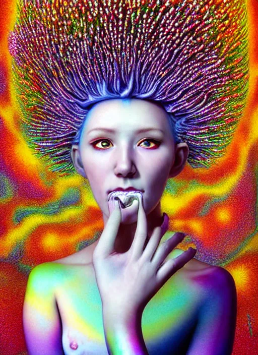 Image similar to hyper detailed 3d render like a Oil painting - kawaii portrait Aurora (white haired Singer Marten) seen Eating of the Strangling network of yellowcake aerochrome and milky Fruit and Her delicate Hands hold of gossamer polyp blossoms bring iridescent fungal flowers whose spores black the foolish stars by Jacek Yerka, Mariusz Lewandowski, Houdini algorithmic generative render, Abstract brush strokes, Masterpiece, Edward Hopper and James Gilleard, Zdzislaw Beksinski, Mark Ryden, Wolfgang Lettl, hints of Yayoi Kasuma, octane render, 8k