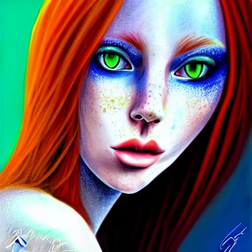 Prompt: a red haired, beautiful woman with blue / green eyes, some freckles, pale skin deep focus, elegant, digital painting, smooth, sharp focus, golden ratio, illustration, ultra realistic, 8 k, art by jasmine becket griffith