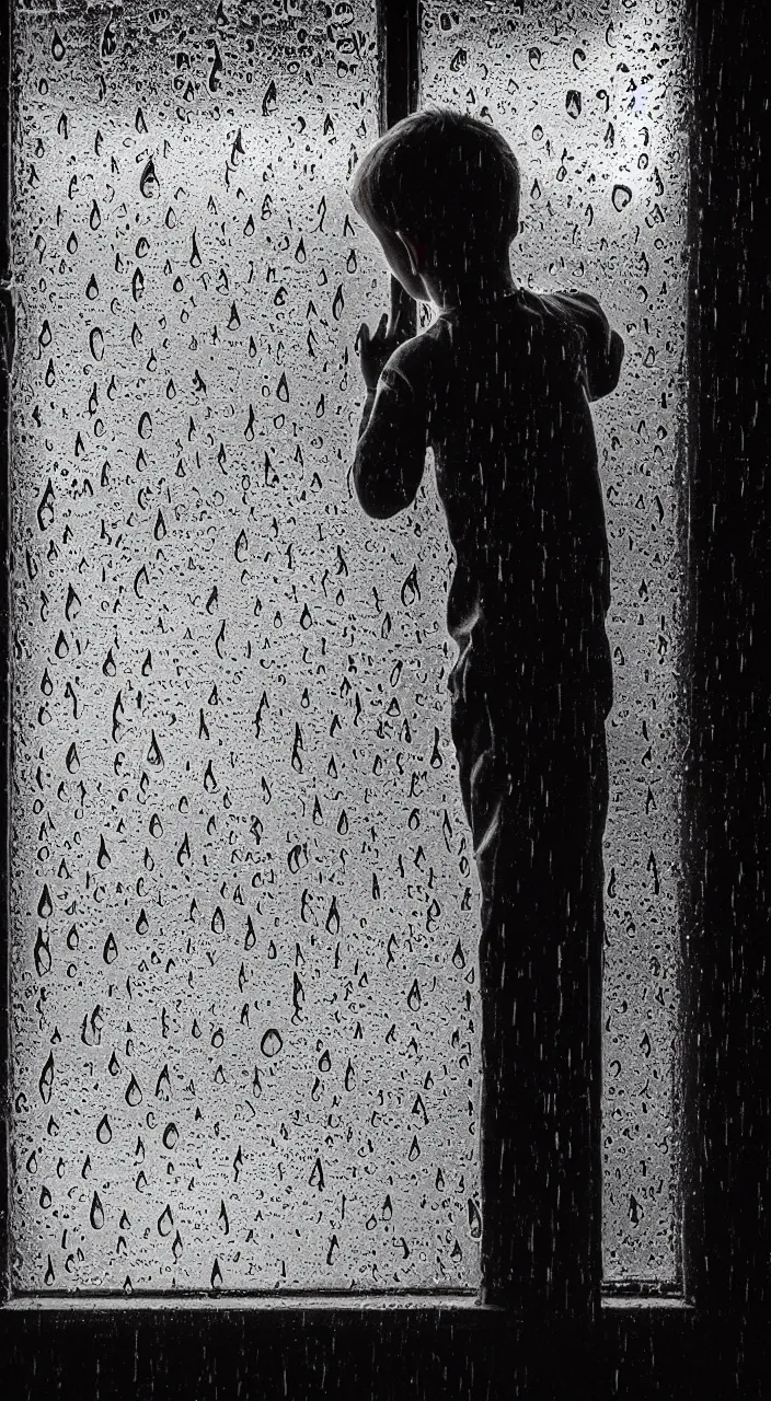 Image similar to the boy looks at the rain through the window, creepy atmosphere, horror,