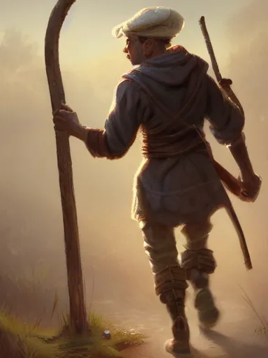 Prompt: a youthful handsome man walking in a rural area holding a staff. intricate, elegant, highly detailed, digital painting, artstation, concept art, sharp focus, illustration, by justin gerard and artgerm, 8 k