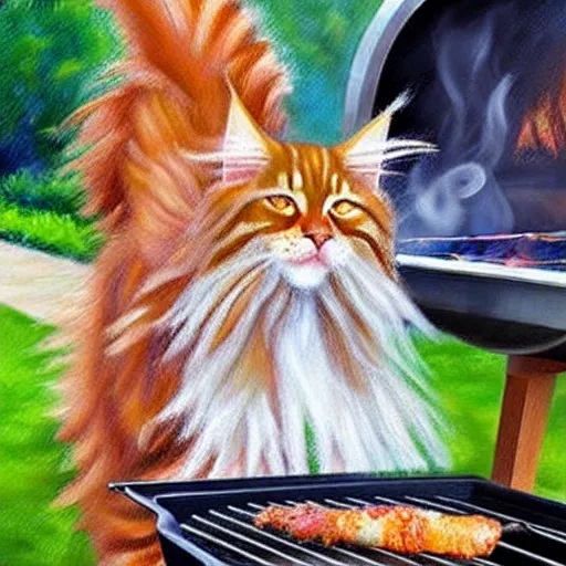 Image similar to beautiful impressionist painting of an ginger maine coon with a white beard cooking a bbq outside