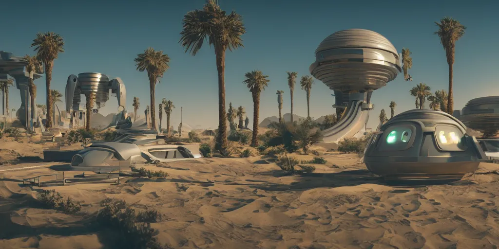 Image similar to beautiful landscape of a temple of retro futuristic technology on a desert oasis, trending on art station, photoreal, 8k, octane render