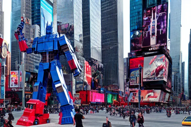 Image similar to optimus prime and godzilla in times square, cinestill, anamorphic lens