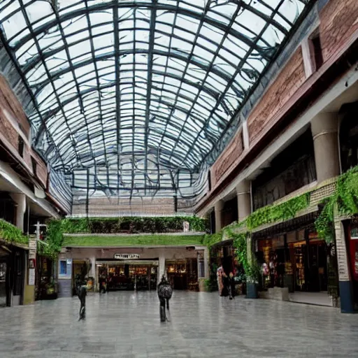 Image similar to a huge indoor mall from a byegone era, the faded signs are all that remains of the nostalgia of the past, the floor is overgrown with moss and vines, the skylight windows were broken open long ago, allowing for sunbeams to stream in, illuminating the ground with a soft glow