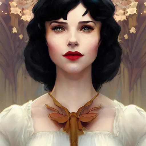 Image similar to portrait of snow white from disney, girl, disney, highly detailed, digital painting, artstation, concept art, smooth, sharp focus, illustration, art by artgerm and greg rutkowski and alphonse mucha