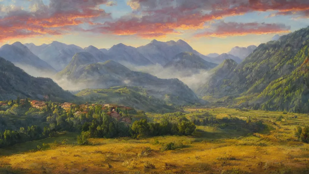 Image similar to The most beautiful panoramic landscape, oil painting, where the mountains are towering over the valley below their peaks shrouded in mist. The sun is just peeking over the horizon producing an awesome flare and the sky is ablaze with warm colors and stratus clouds. The river is winding its way through the valley to an ancient italian village, some smoke comes out of the village, the trees are starting to turn yellow and red, by Greg Rutkowski, aerial view