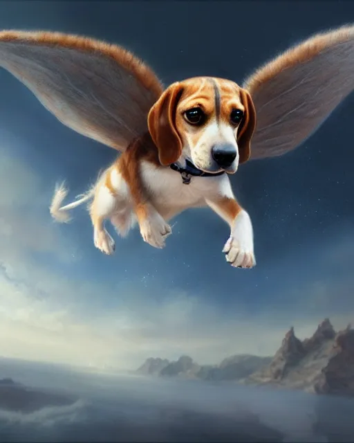 Image similar to cute flying beagle, cinematic, stunning, adorable, highly detailed fur, digital painting, artstation, smooth, hard focus, illustration, art by jessica rossier and and brian froud