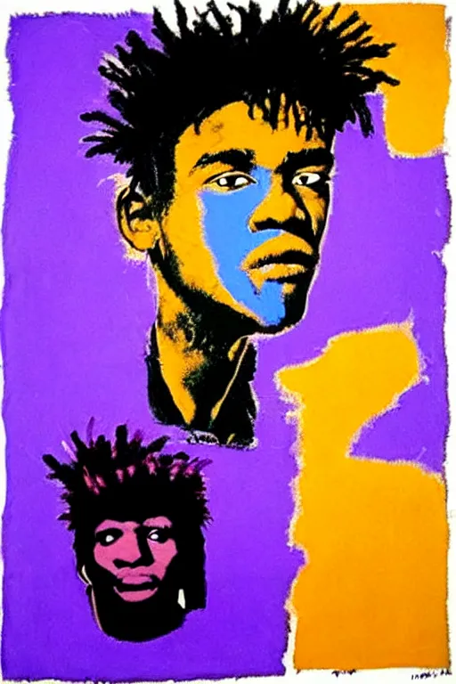 Image similar to a checkered fluffy robe over a purple clothed king, brown skin, painting by jean michel basquiat, andy warhol,