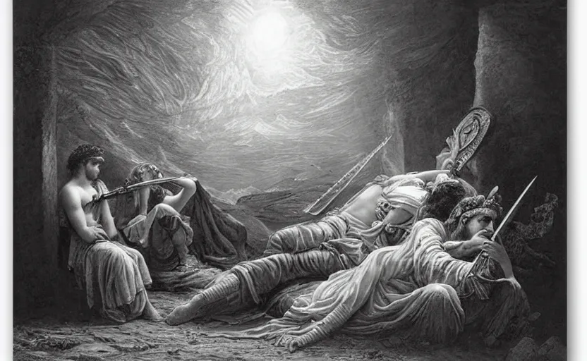 Image similar to the great greek warrior plays the lyre, his young friend listens beside him, the edge of the universe from the book of the long sun by gene wolfe, by gustave dore