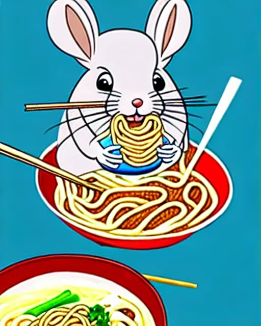 Image similar to cartoon chinchilla eating ramen, disney, hanna barbera