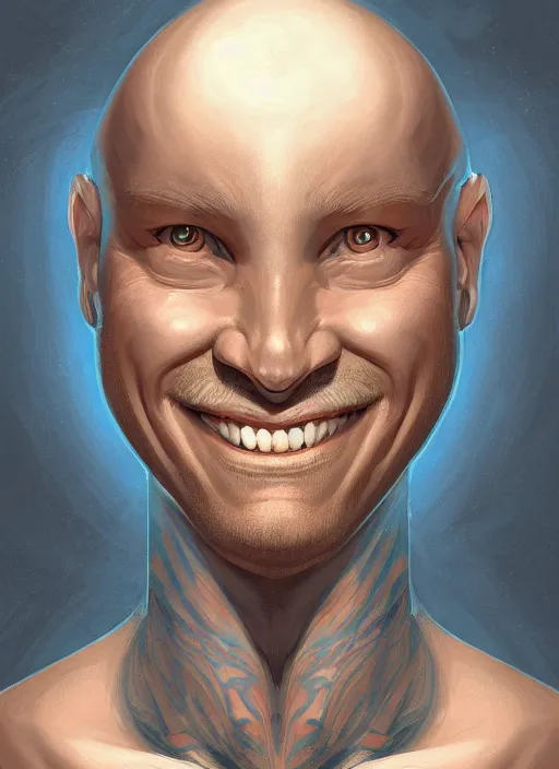 Image similar to head-on symmetrical centered painted portrait, a smiling bald androgynous man with completely blue skin in his thirties as a D&D wizard without a nose, fantasy, intricate, elegant, highly detailed, digital painting, smooth, sharp focus, illustration, artstation, in the style of Artgerm and Anna Podedworna and Charlie Bowater and Michael Garmash