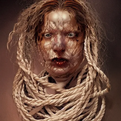 Image similar to portrait of a Shibari rope wrapped face and neck, headshot, insanely nice professional hair style, dramatic hair color, digital painting, of a old 15th century, old cyborg merchant, amber jewels, baroque, ornate clothing, scifi, realistic, hyperdetailed, chiaroscuro, concept art, art by Franz Hals and Jon Foster and Ayami Kojima and Amano and Karol Bak,