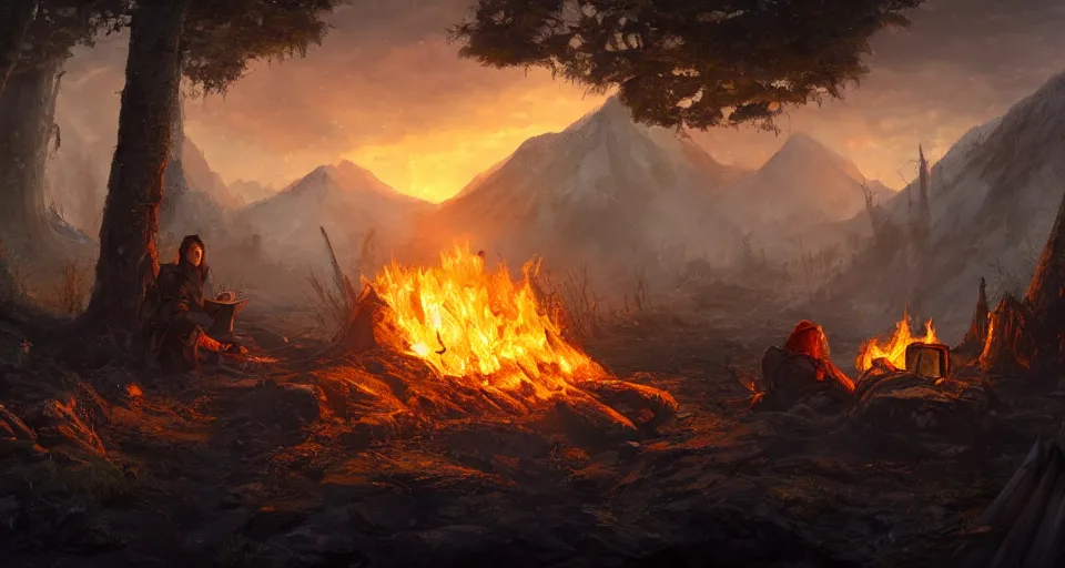 Image similar to an epic fantasy adventurer's tent left alone with a dying fire, 4 k, extremely detailed. award winning, trending on artstation, 8 k, ultra wide angle