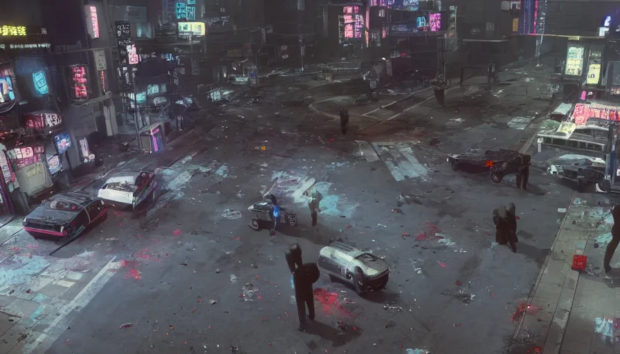 Prompt: 1988 Video Game Screenshot, Anime Neo-tokyo Cyborg bank robbers vs police, Set in Cyberpunk Bank Lobby, Multiplayer set-piece :9, Police officers under heavy fire, Police Calling for back up, Bullet Holes and Blood Splatter, :6 Smoke Grenades, Riot Shields, Large Caliber Sniper Fire, Chaos, Anime Cyberpunk, Anime Bullet VFX, Machine Gun Fire, Violent Gun Action, Shootout, Escape From Tarkov, Intruder, Payday 2, 8k :4 by Katsuhiro Otomo: 9