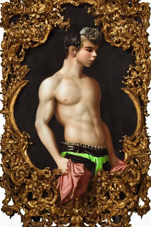Image similar to full-body bladerunner neon rococo style sculpture of a young handsome Spanish Nick Jonas as a half cibernetic android with a chest opening exposing circuitry and electric sparks, glowing laser beam eyes, crown of giant diamonds, flowing neon-colored silk, fabric, raptors. baroque elements. full-length view. baroque element. intricate artwork by caravaggio. many many birds birds on background. Trending on artstation, octane render, cinematic lighting from the right, hyper realism, octane render, 8k, depth of field, 3D