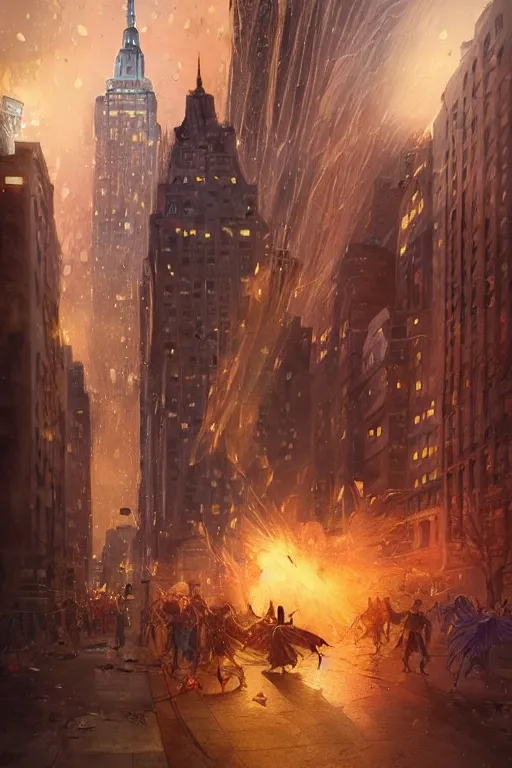 Image similar to Beautiful few sorcerers attacking people on streets with thunders in New York city , wide angle, magic, fire, face painting, dramatic lighting, intricate, wild, highly detailed, digital painting, artstation, concept art, smooth, sharp focus, illustration, art by artgerm and greg rutkowski and alphonse mucha, footage from space camera