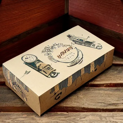 Image similar to vintage craft paper gift box for men, old school, wes anderson style, sealed with old wax