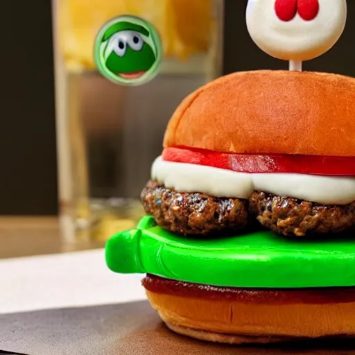 Prompt: A Kermit the Frog themed cheeseburger