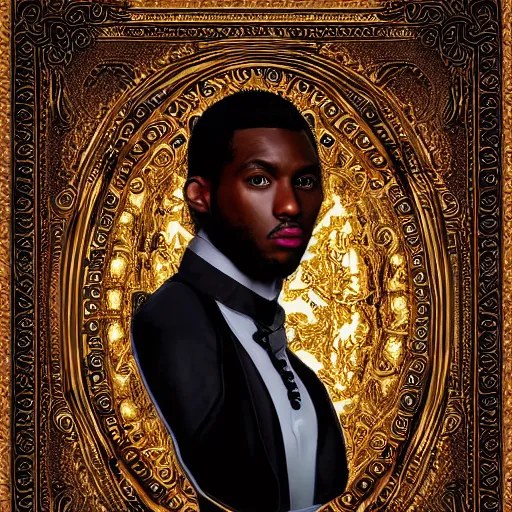 Prompt: hyperdetailed maximalist elaborate half - lenght portrait of a futuristic a beautiful black man, wearing long clothing. rococo architecture, in the style of modigliani and mixed media collage. matte background hd 8 x