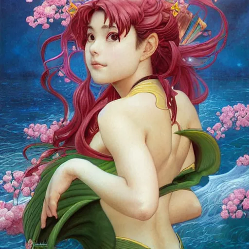 Prompt: Masterpiece painting of a young Sakura Kinomoto from cardcaptor Sakura as a mermaid, drawn by Donato Giancola and Tom Bagshaw face by Artgerm and Edmund Leighton