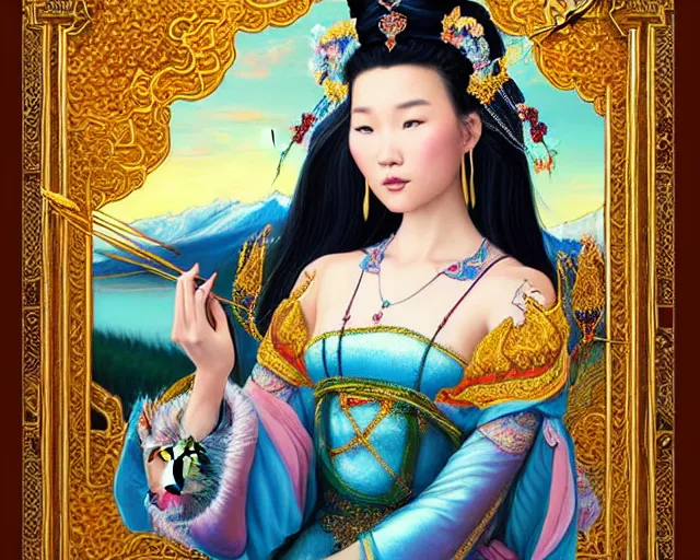 Image similar to portrait of a beautiful asian mongolian princess goddess spreading its wings, portrait of princess wearing a beautiful ornate crown, in the background lake baikal is seen, in the art style of bagshaw tom artgerm and bowater, charlie, by bagshaw tom, artgerm and bowater, charlie - - height 6 4 0