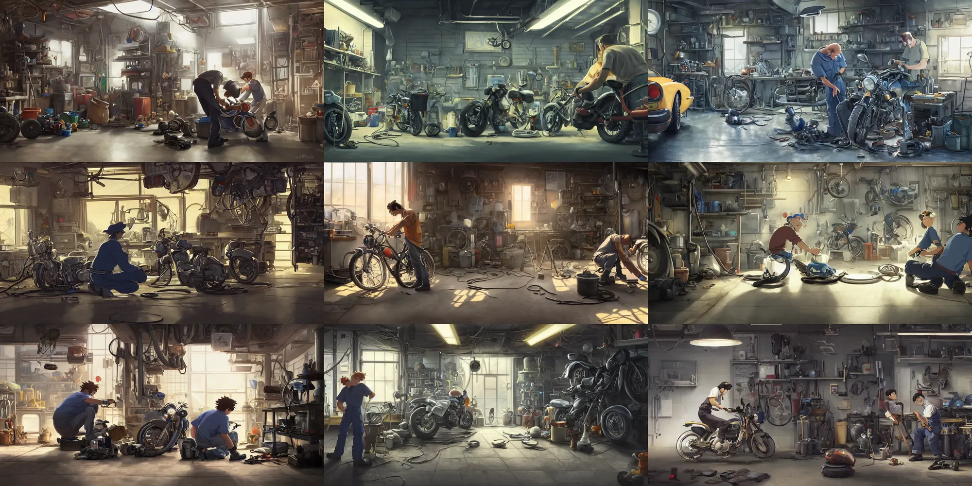 Prompt: a wholesome animation key shot of a focused auto mechanic repairing the tires of a motorcycle in the workshop garage, medium shot, waist up, studio Ghibli, Pixar and Disney animation, sharp, Rendered in Unreal Engine 5, anime key art by Greg Rutkowski, Bloom, dramatic lighting