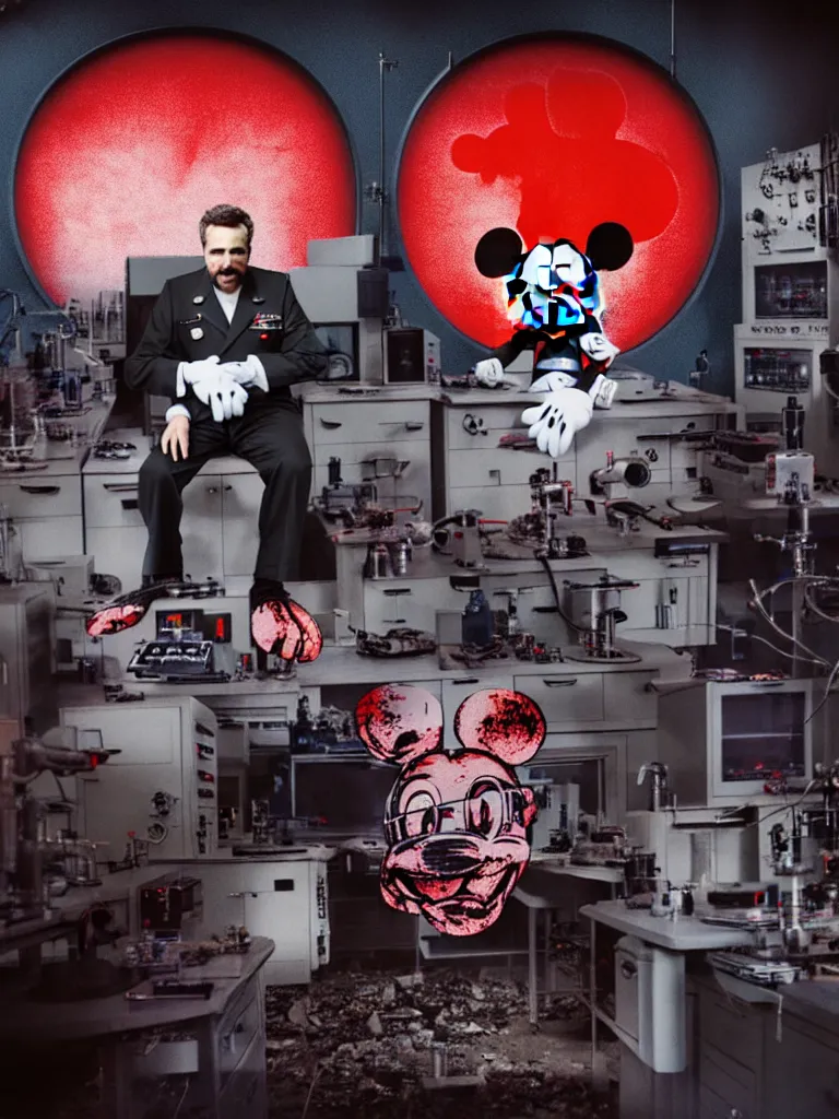 Image similar to hyperrealistic photo of evil scientists in military laboratory, single giant destroyed mickey mouse face, netflix logo, military base, colored gels, studio photography, 3 5 mm film look by denis villeneuve