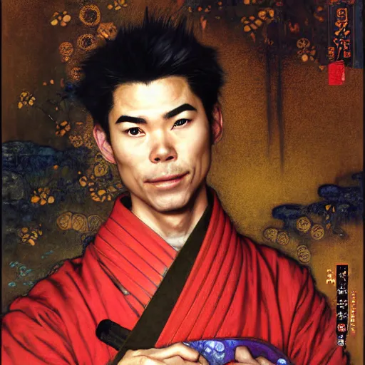 Image similar to a portrait of a male splinter ninja hamato yoshi in a red kimono in the sewers. furaffinity furry art detailed face painting by gaston bussiere craig mullins jc leyendecker gustav klimt artgerm greg rutkowski furry