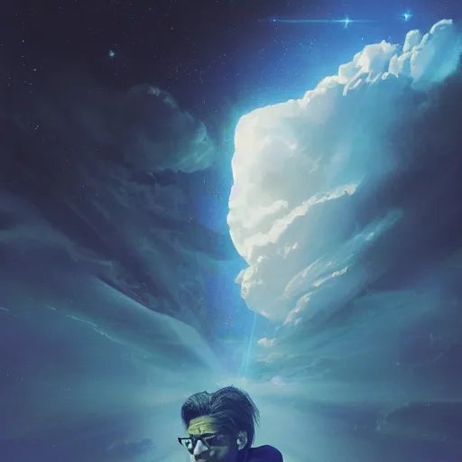 Prompt: sci - fi, close - up, 3 d, moon rays, night, jim varney face, cinematic, clouds, moon rays, vogue cover style, poster art, blue mood, realistic painting, intricate oil painting, high detail illustration, figurative art, multiple exposure, water, 3 d, by tooth wu and wlop and beeple and greg rutkowski