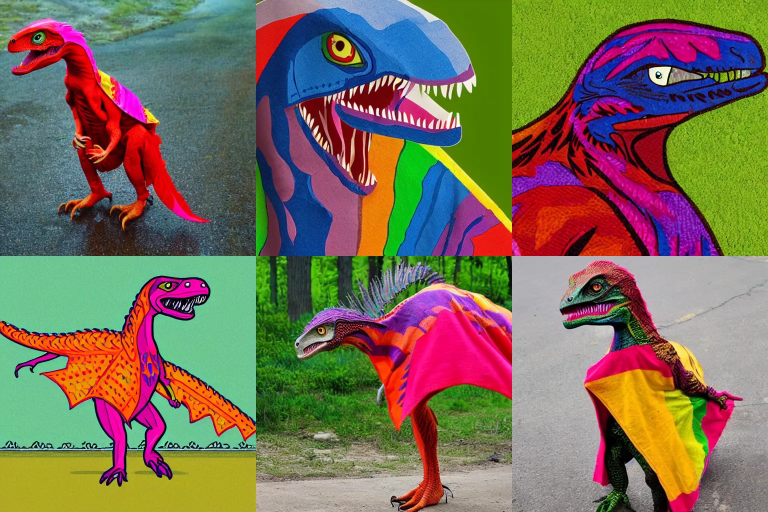 Prompt: a velociraptor wearing a brightly colored poncho