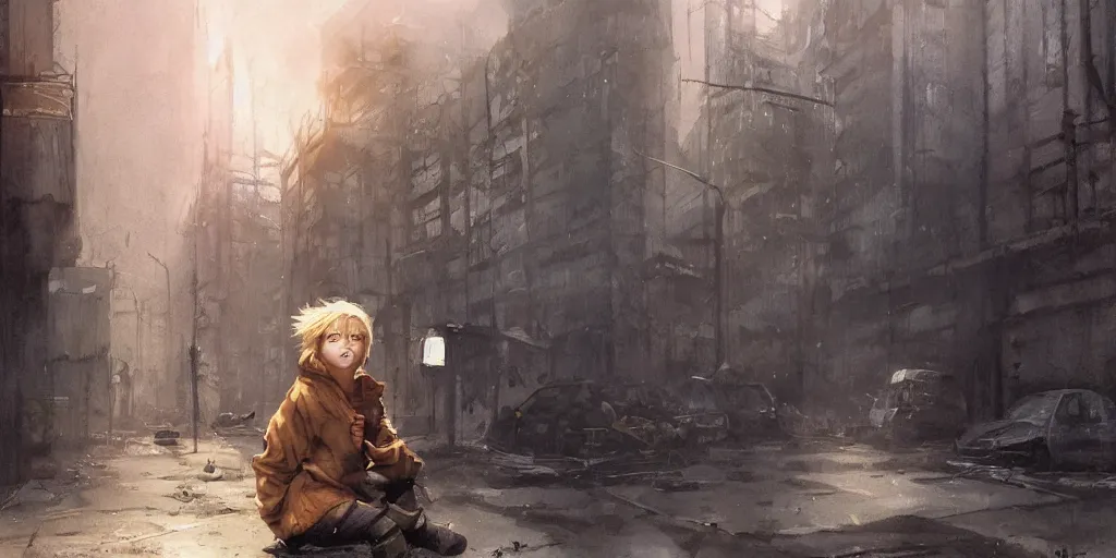 Prompt: a blonde haired girl wearing a hoodie sitting in a post - apocalyptic city by craig davison and kashin wadim, bus stop, craters, scorching weather, realistic, epic composition