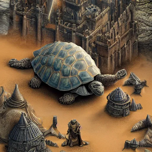 Prompt: gargantuan tortoise with a large fantasy castle armor walking through a sandy wasteland, howls moving castle, mortal engines, kaiju, distant shot birds eye view, fantasy, hyper detailed, 4 k,