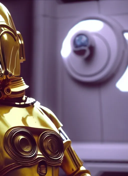 Image similar to c - 3 po as a hamster!!!!!!!!! 1, movie still, star wars, cinematic, sharp focus, cinematic grain, cinematic lighting, 8 k