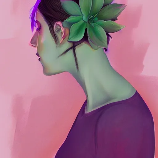 Prompt: portrait of a woman inspired by lois van baarle, iridescent, plants on the head, nature