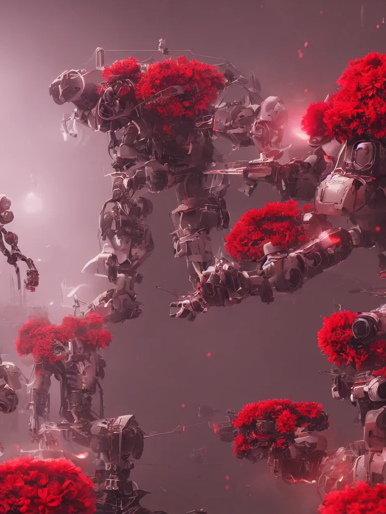 Image similar to a concept art of red flower, robots, people, movie keyframe, cinematic lighting, highly detailed, realistic details, rendered in octane, 4 k post - processing highly